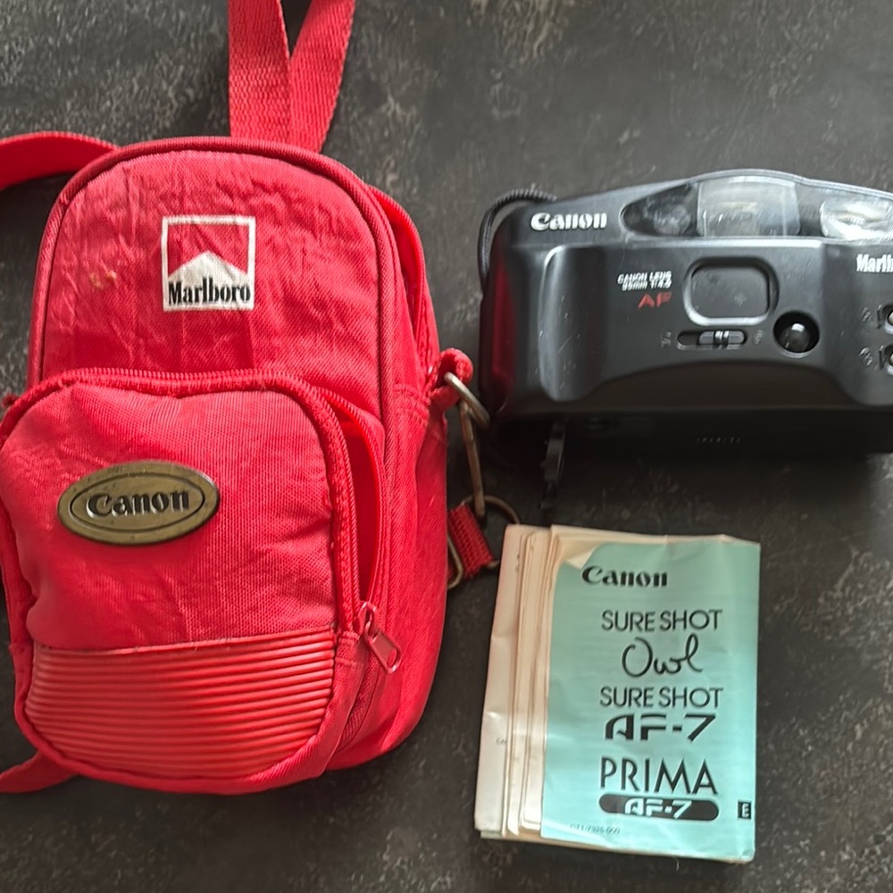 VTG Canon Sure Shot Black 35mm Camera Kit with Red Marlboro Case